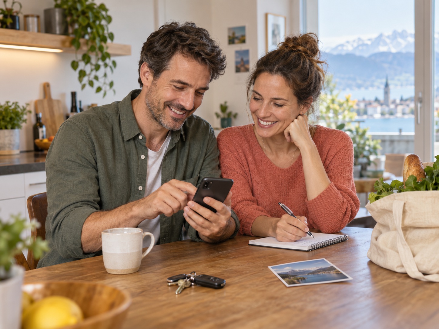 Un couple organise ensemble son quotidien avec un téléphone et un carnet.